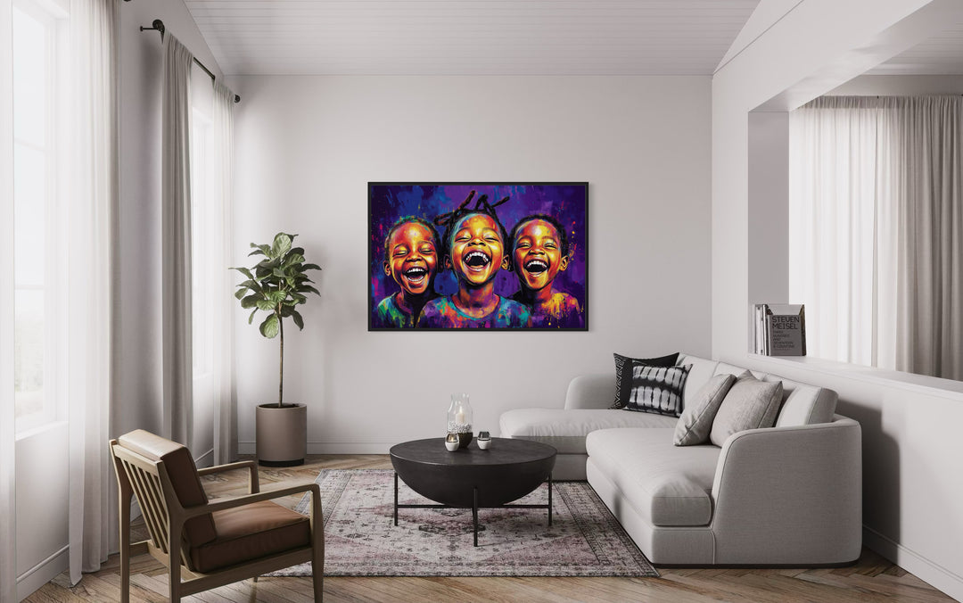 Happy Black Kids Framed Canvas Wall Art in a living room filled with furniture and a painting on the wall