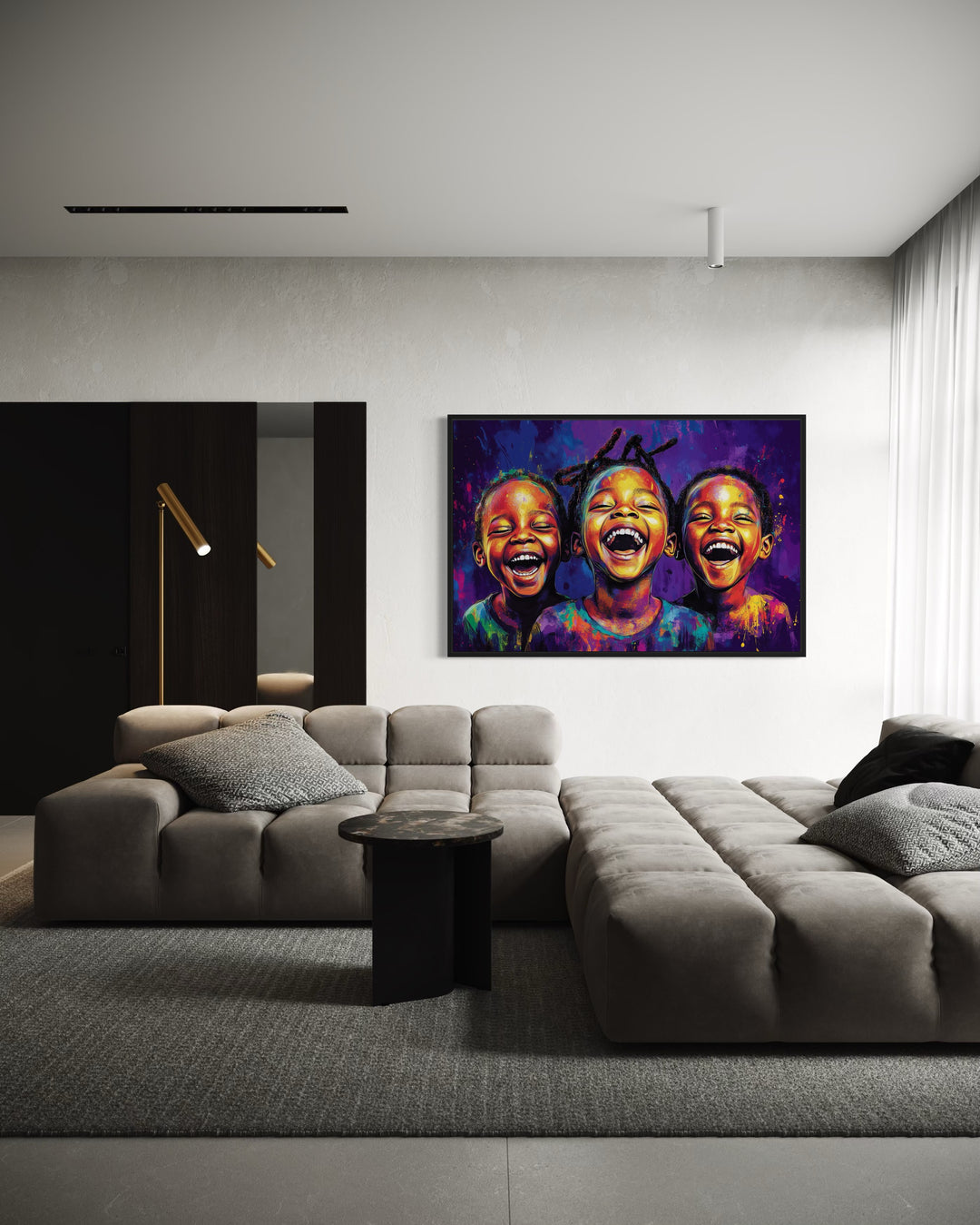 Happy Black Kids Framed Canvas Wall Art in a living room filled with furniture and a painting on the wall