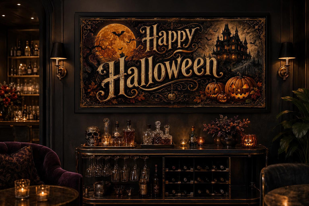 Vintage Happy Halloween canvas sign with a haunted house, full moon, and glowing jack-o-lanterns.