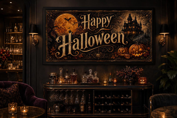 Vintage Happy Halloween canvas sign with a haunted house, full moon, and glowing jack-o-lanterns.