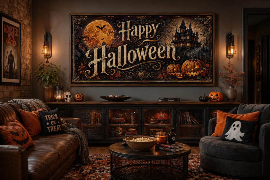 Vintage Happy Halloween canvas sign with a haunted house, full moon, and jack-o'-lanterns.