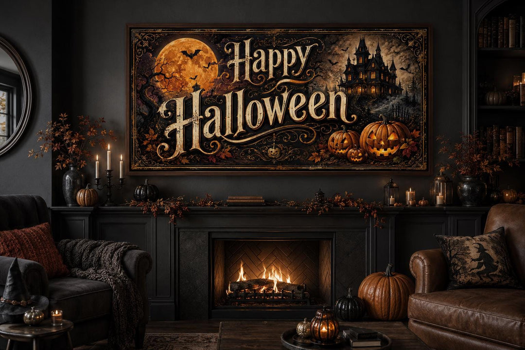 Happy Halloween vintage canvas sign with a haunted house and jack-o-lanterns above a fireplace.