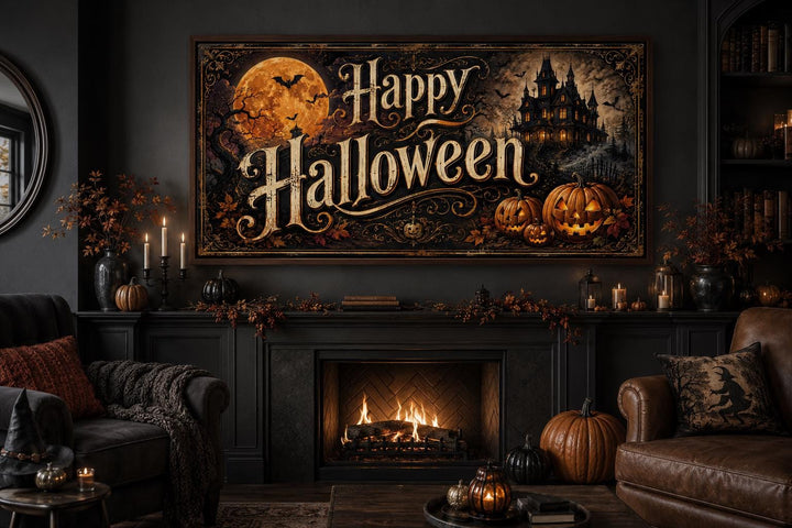 Happy Halloween vintage canvas sign with a haunted house and jack-o-lanterns above a fireplace.