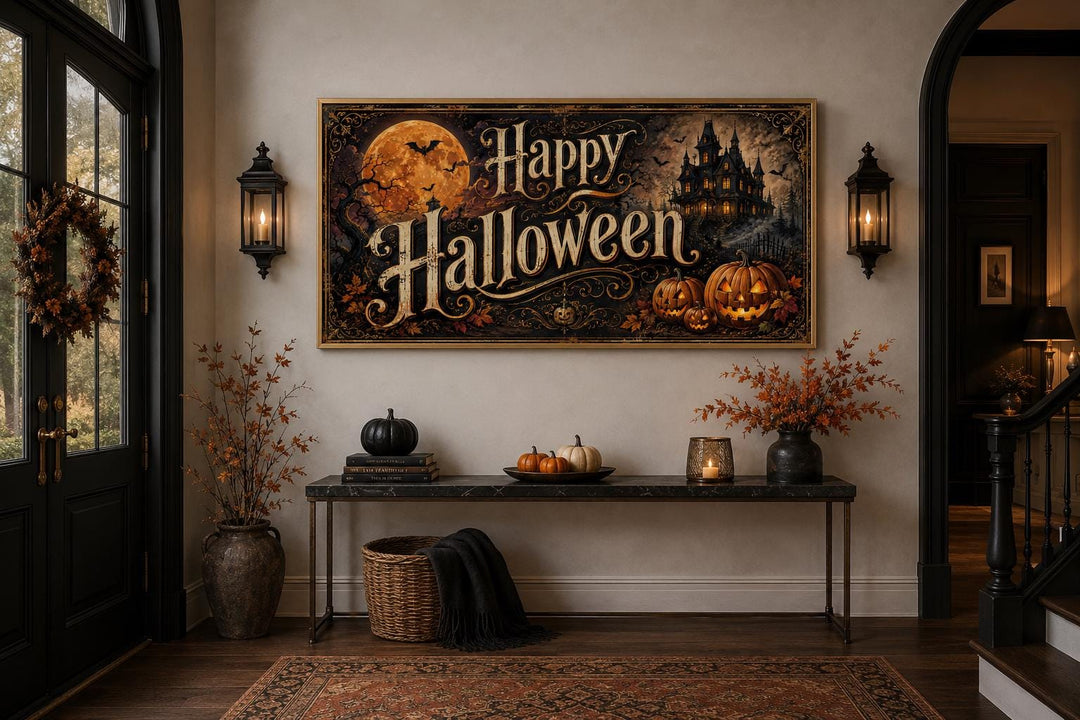 Vintage Happy Halloween canvas sign with a haunted house and jack-o-lanterns above an entryway table.