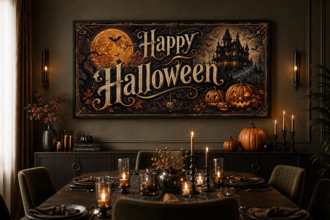 Happy Halloween vintage canvas sign with a haunted house and jack-o-lanterns above a dining table.