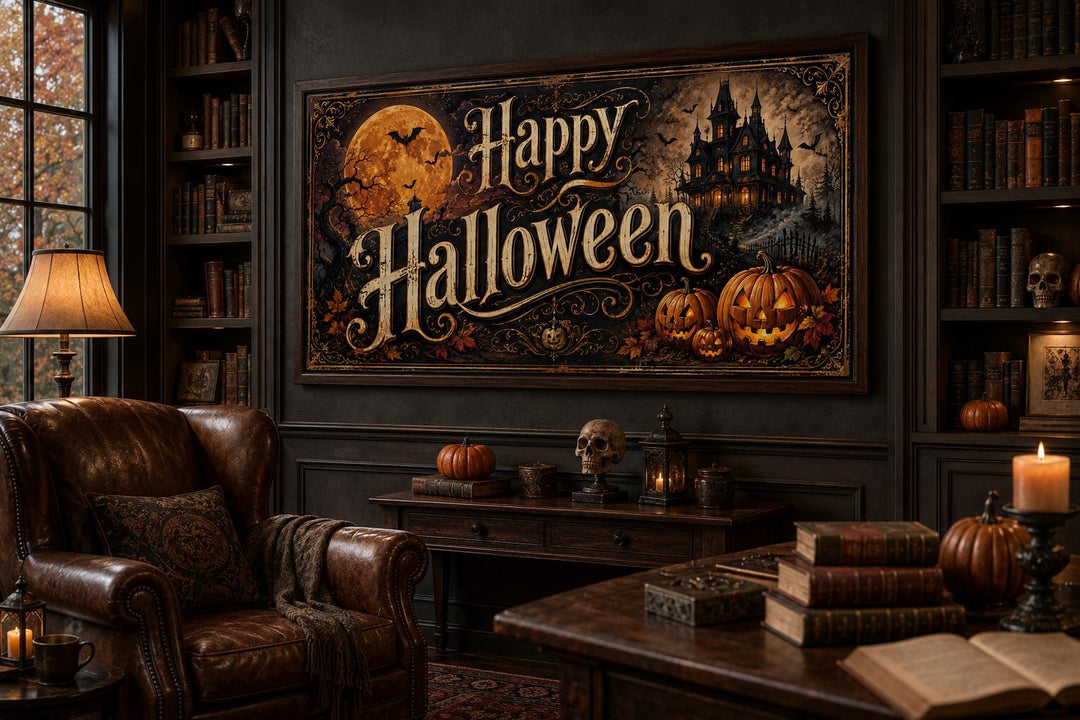 Vintage Happy Halloween canvas sign with a haunted house, jack-o-lanterns, and a full moon.