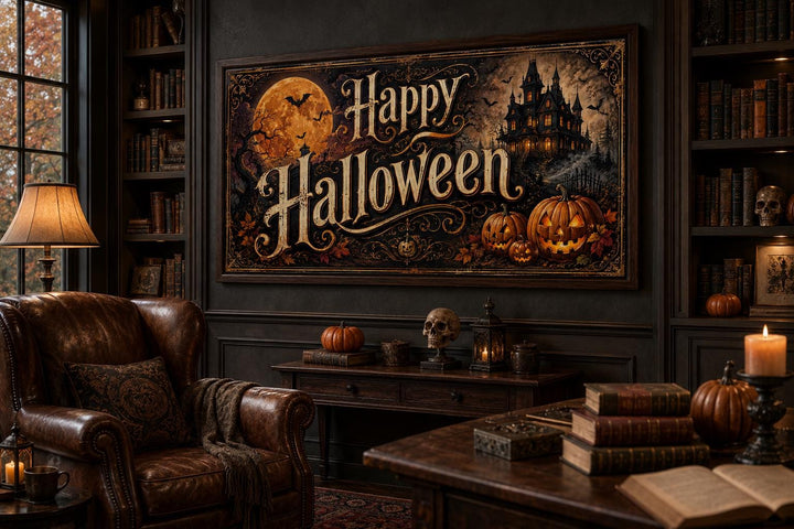 Vintage Happy Halloween canvas sign with a haunted house, jack-o-lanterns, and a full moon.