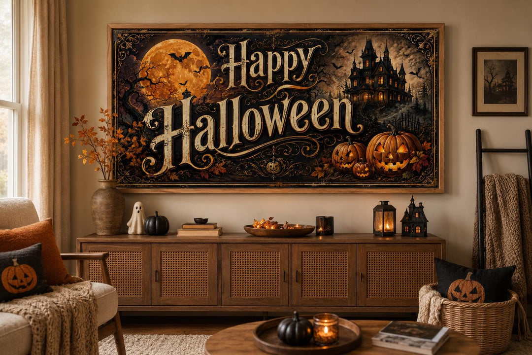 Vintage Happy Halloween canvas sign with a haunted house, full moon, and glowing jack-o-lanterns.