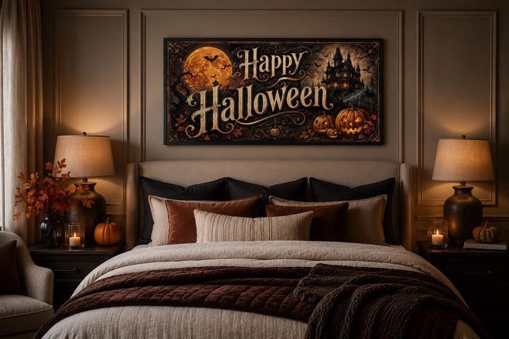 Happy Halloween vintage canvas sign with a haunted house and jack-o-lanterns above a bed.