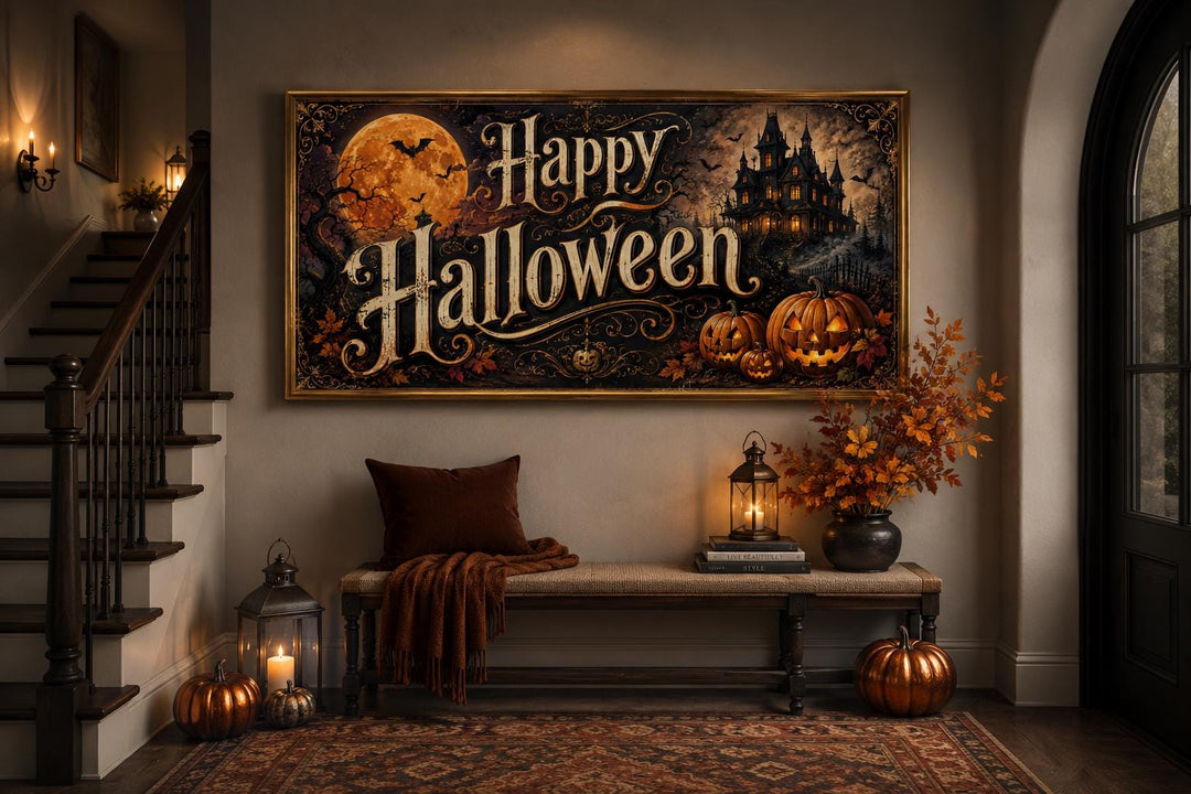 Happy Halloween vintage canvas sign with a haunted house and jack-o-lanterns in a cozy entryway.