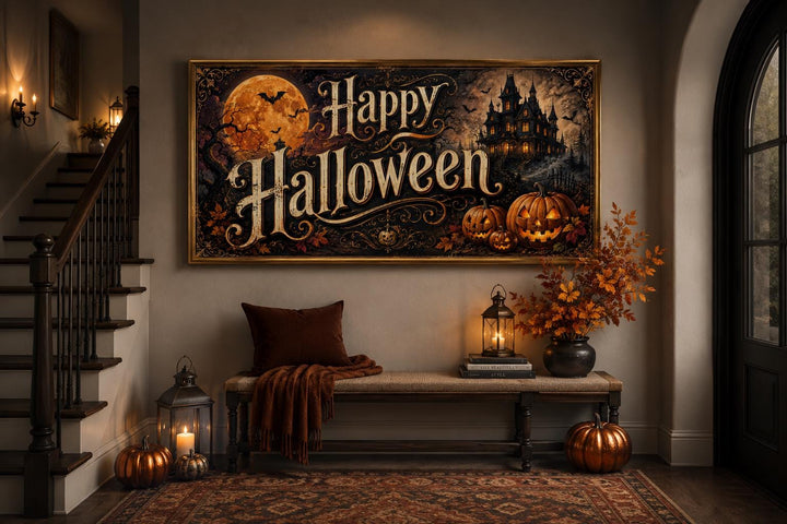 Happy Halloween vintage canvas sign with a haunted house and jack-o-lanterns in a cozy entryway.