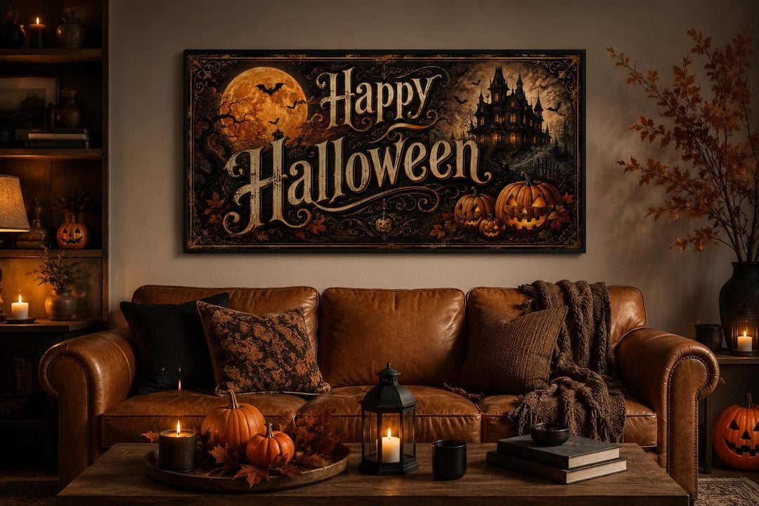 Happy Halloween vintage canvas sign with a haunted house and jack-o-lanterns above a leather sofa.