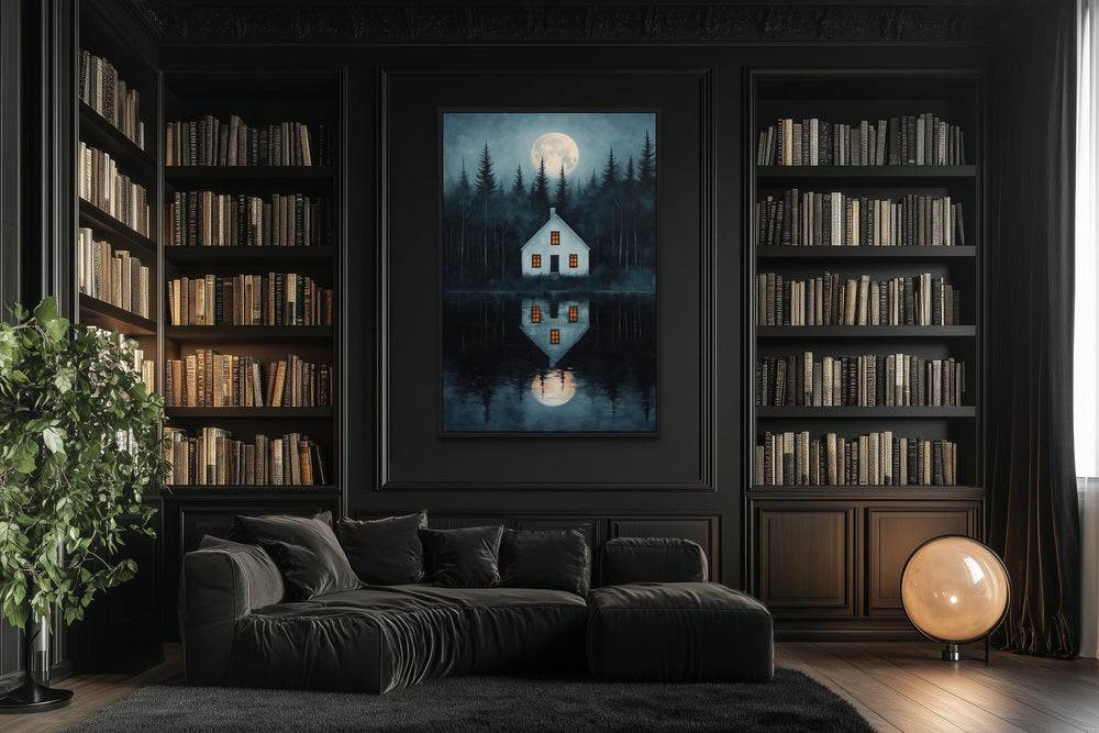 Haunted Cabin By The Lake Under Full Moon Canvas Wall Art