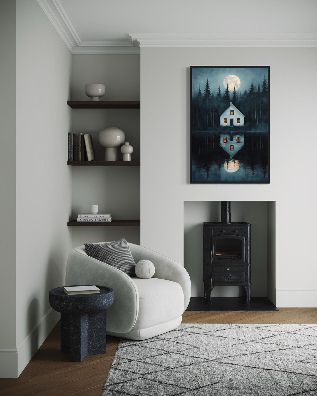 Haunted Cabin By The Lake Under Full Moon Canvas Wall Art