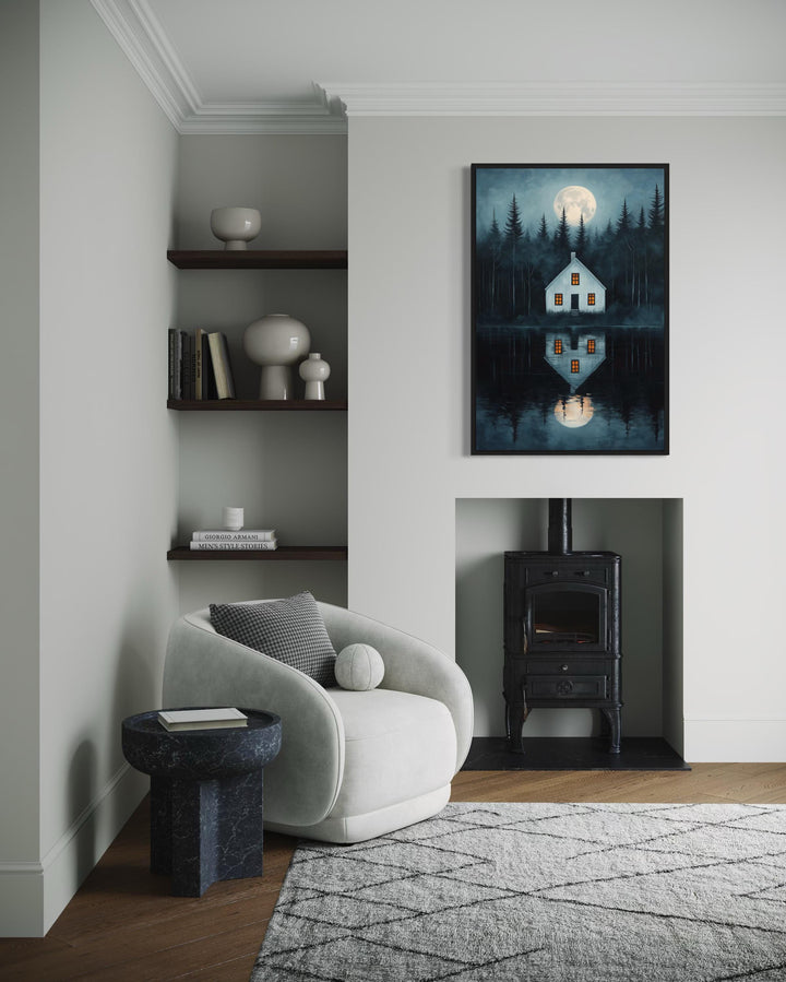 Haunted Cabin By The Lake Under Full Moon Canvas Wall Art