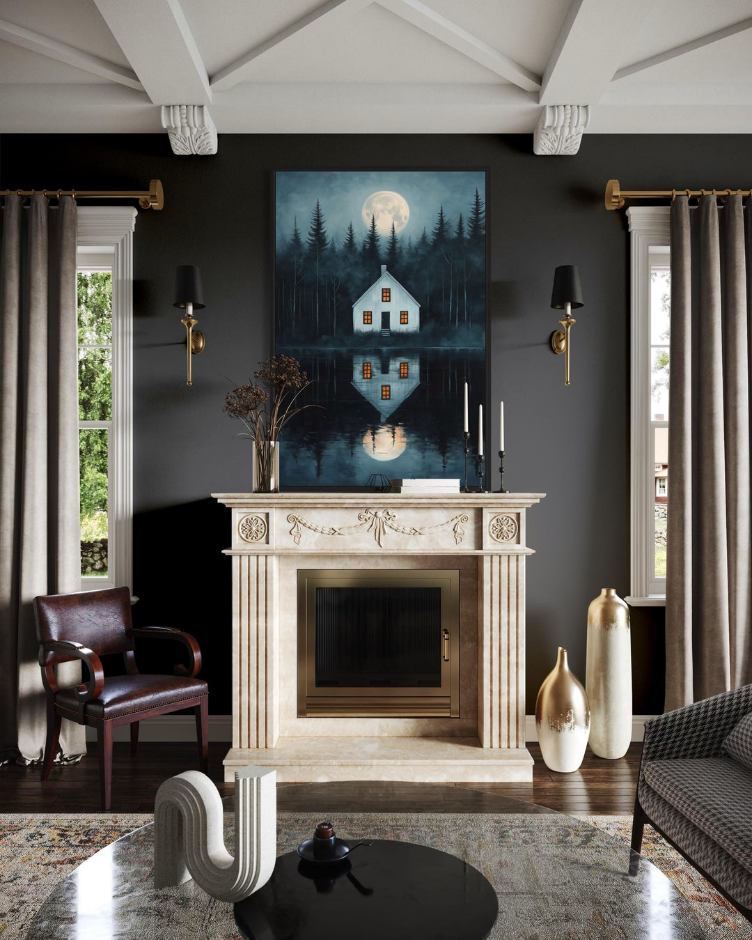 Haunted Cabin By The Lake Under Full Moon Canvas Wall Art
