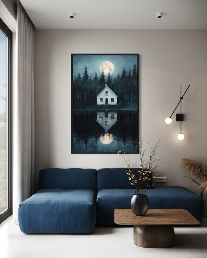 Haunted Cabin By The Lake Under Full Moon Canvas Wall Art