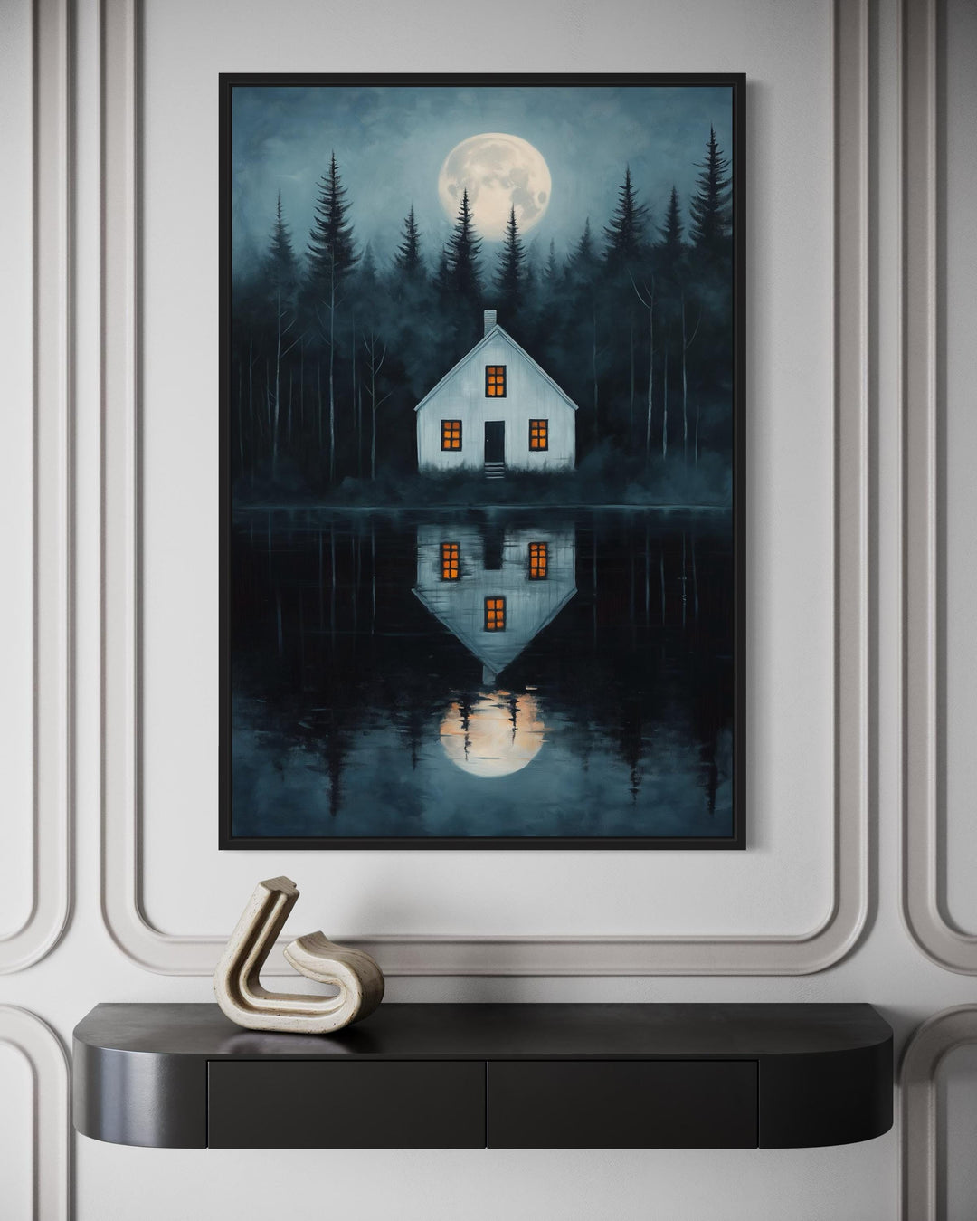 Haunted Cabin By The Lake Under Full Moon Canvas Wall Art