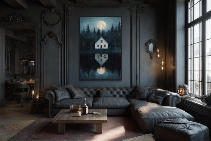 Haunted Cabin By The Lake Under Full Moon Canvas Wall Art