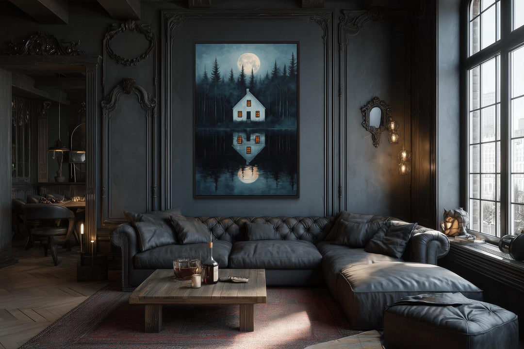 Haunted Cabin By The Lake Under Full Moon Canvas Wall Art