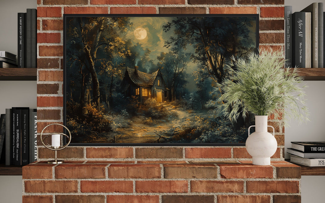 Haunted Cabin In The Forest Under Full Moon Framed Halloween Wall Art