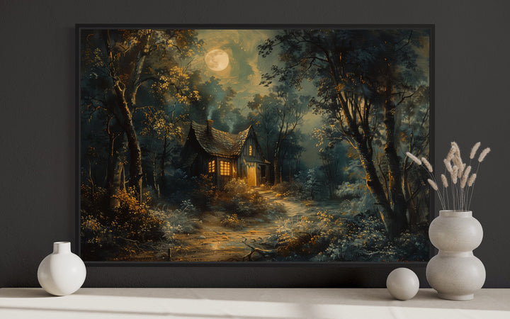 Haunted Cabin In The Forest Under Full Moon Framed Halloween Wall Art