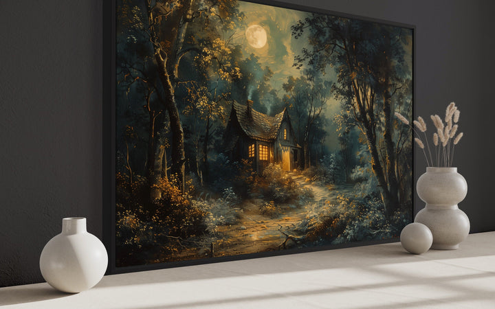 Haunted Cabin In The Forest Under Full Moon Framed Halloween Wall Art