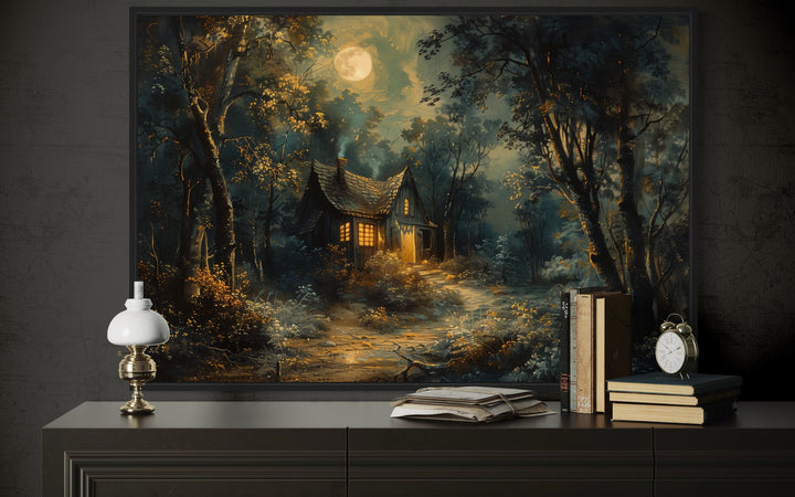 Haunted Cabin In The Forest Under Full Moon Framed Halloween Wall Art