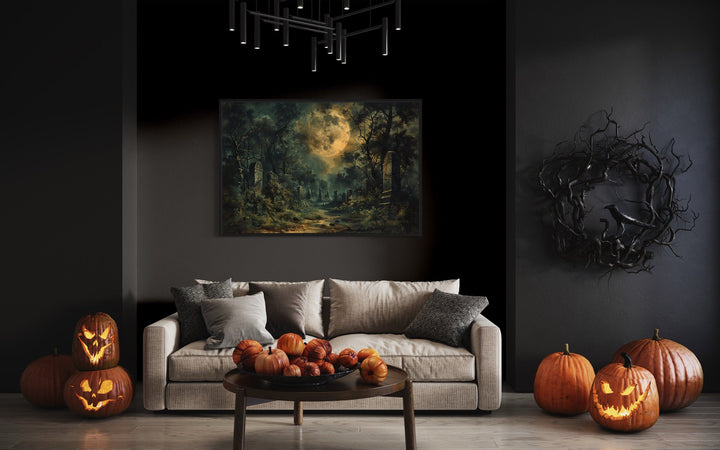 Haunted Cemetery Under Full Moon Framed Halloween Canvas Wall Art