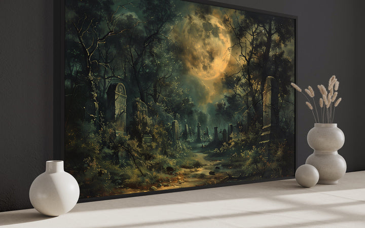 Haunted Cemetery Under Full Moon Framed Halloween Canvas Wall Art