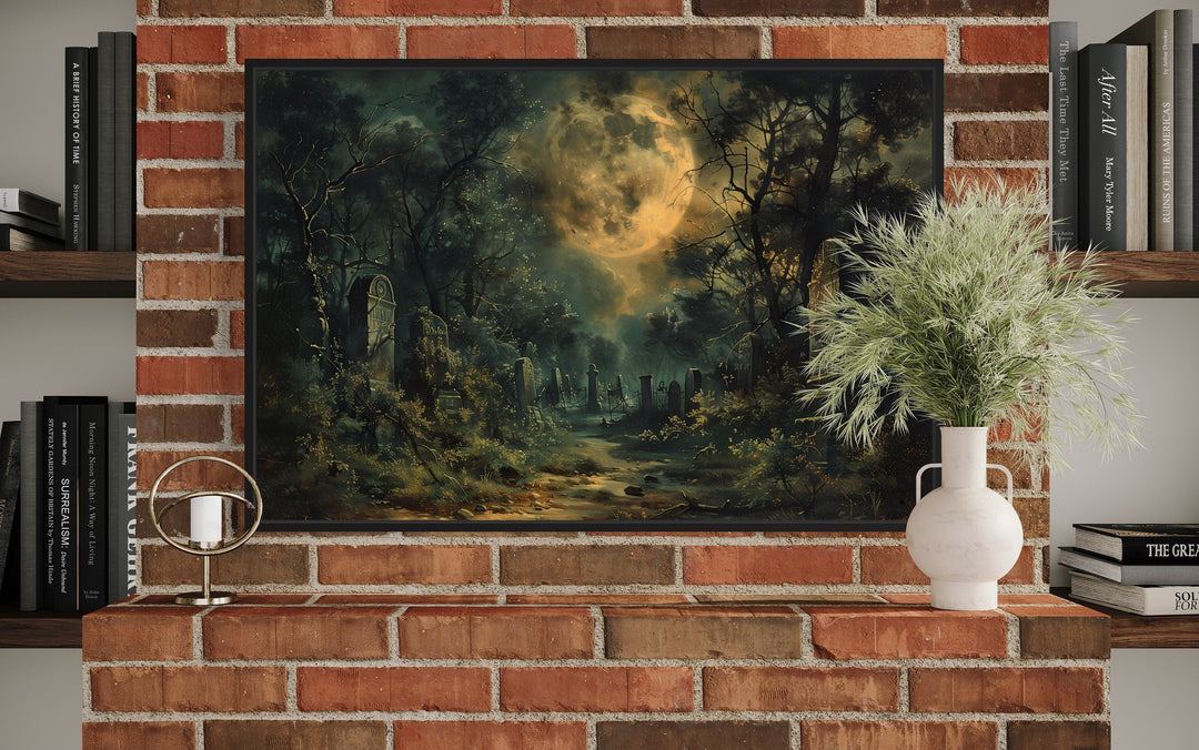 Haunted Cemetery Under Full Moon Framed Halloween Canvas Wall Art