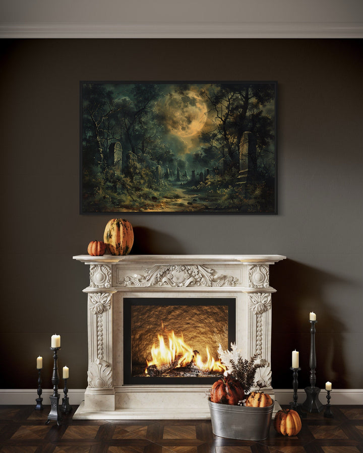 Haunted Cemetery Under Full Moon Framed Halloween Canvas Wall Art