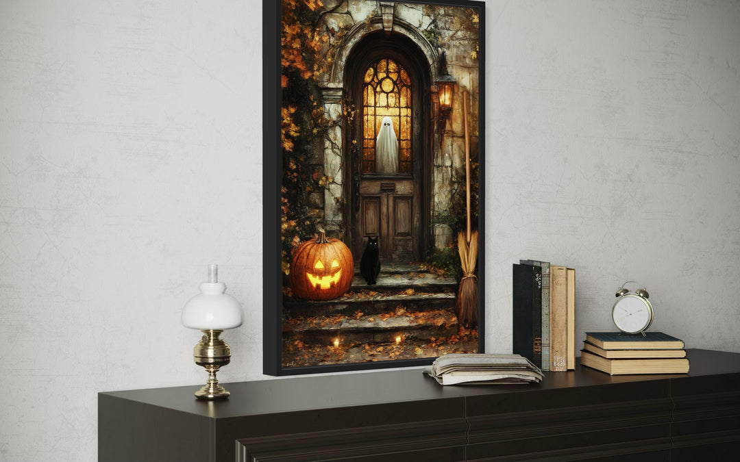 Haunted Halloween Porch With Ghost in Window with Jack-O’-Lantern, Black Cat, and Broom Halloween Wall Art