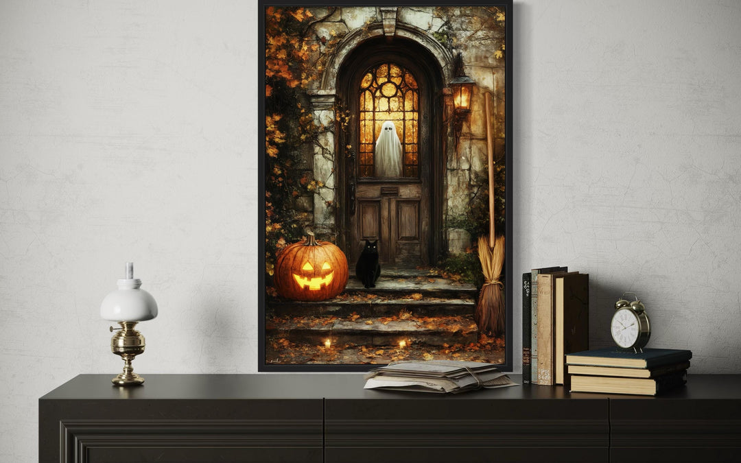 Haunted Halloween Porch With Ghost in Window with Jack-O’-Lantern, Black Cat, and Broom Halloween Wall Art