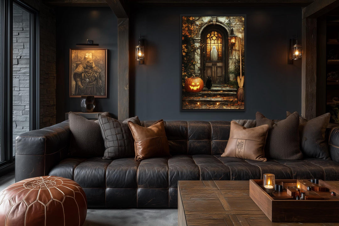 Haunted Halloween Porch With Ghost in Window with Jack-O’-Lantern, Black Cat, and Broom Halloween Wall Art
