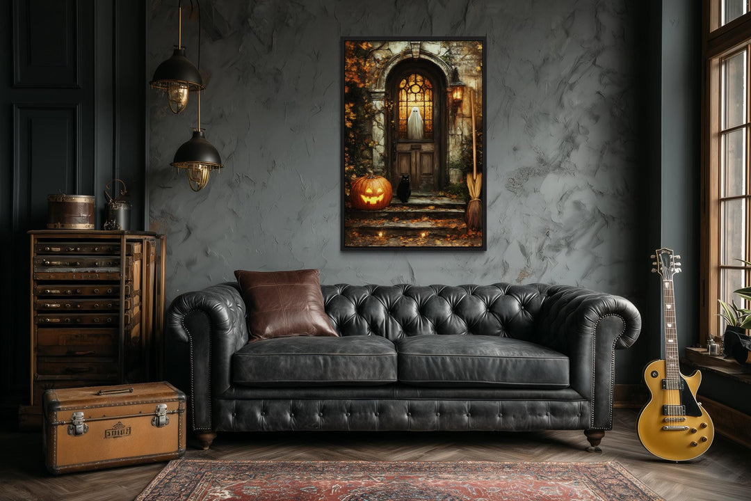 Haunted Halloween Porch With Ghost in Window with Jack-O’-Lantern, Black Cat, and Broom Halloween Wall Art