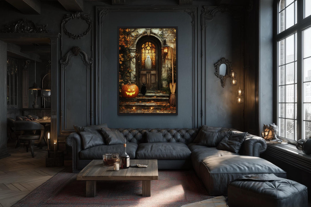 Haunted Halloween Porch With Ghost in Window with Jack-O’-Lantern, Black Cat, and Broom Halloween Wall Art