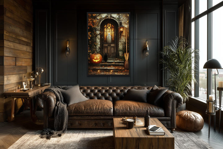 Haunted Halloween Porch With Ghost in Window with Jack-O’-Lantern, Black Cat, and Broom Halloween Wall Art