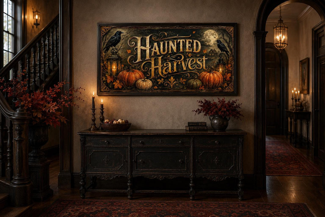 Haunted Harvest canvas wall art with pumpkins and crows above a dark wood entryway console table.