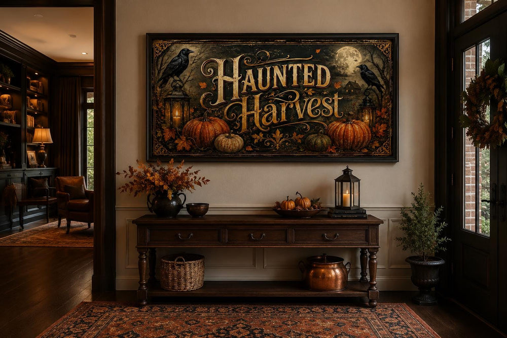 Haunted Harvest canvas wall art with pumpkins and crows displayed above an entryway console table.