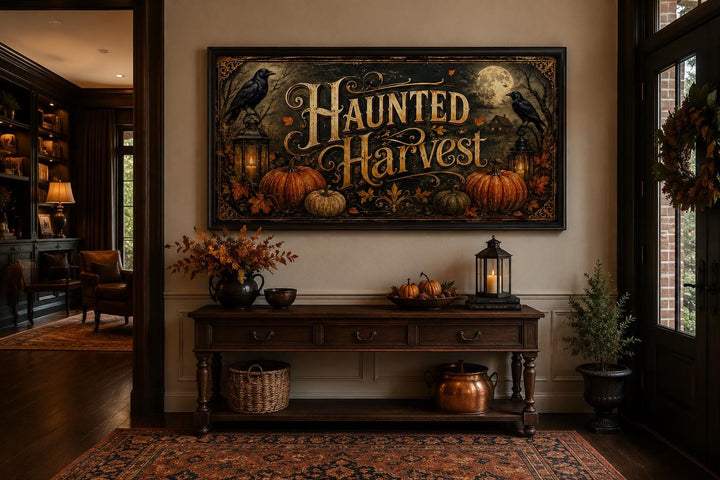 Haunted Harvest canvas wall art with pumpkins and crows displayed above an entryway console table.