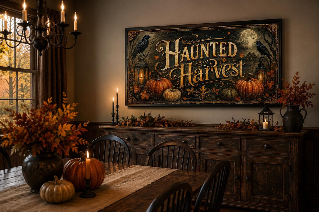 Haunted Harvest canvas wall art with pumpkins and crows displayed above a wooden buffet table.