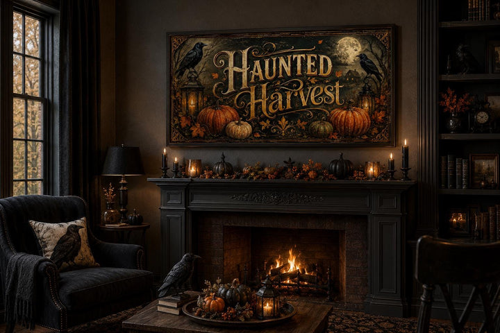 Haunted Harvest canvas wall art with pumpkins and crows displayed above a dark fireplace mantel.