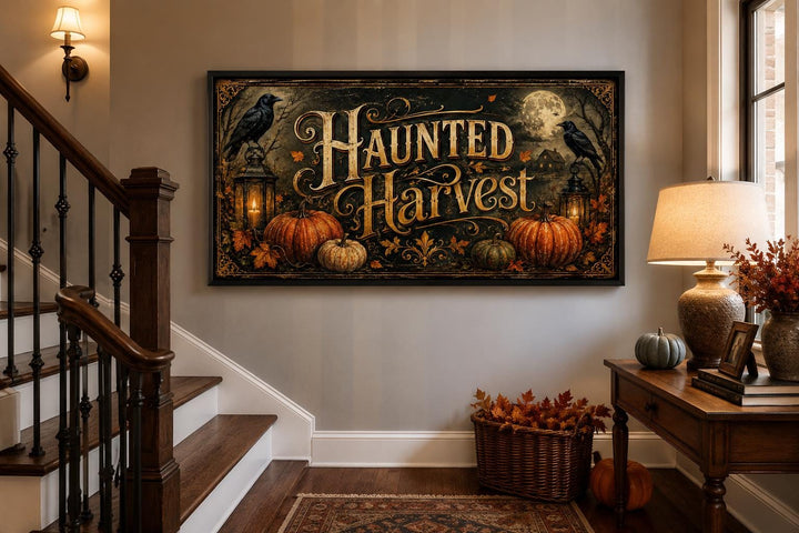 Haunted Harvest Halloween canvas wall art with pumpkins and crows in a moody entryway setting.