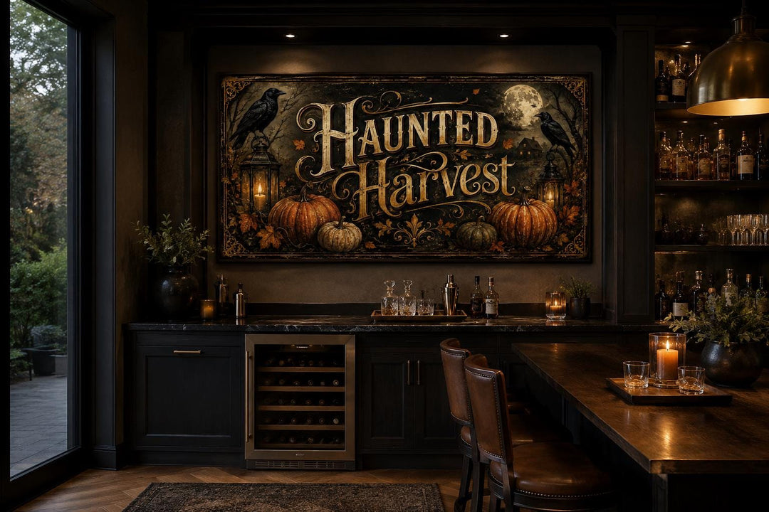 Haunted Harvest Halloween canvas wall art with pumpkins and crows above a dark home bar.