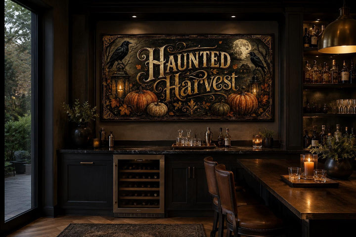 Haunted Harvest Halloween canvas wall art with pumpkins and crows above a dark home bar.