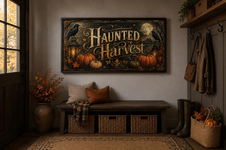 Haunted Harvest Halloween canvas wall art with pumpkins and crows in a moody entryway setting.