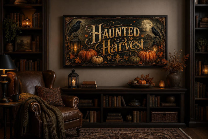Haunted Harvest canvas wall art with pumpkins and crows above a console table in a moody room.