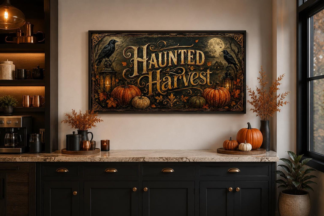 Haunted Harvest Halloween canvas wall art above a kitchen counter with pumpkins and autumn decor.