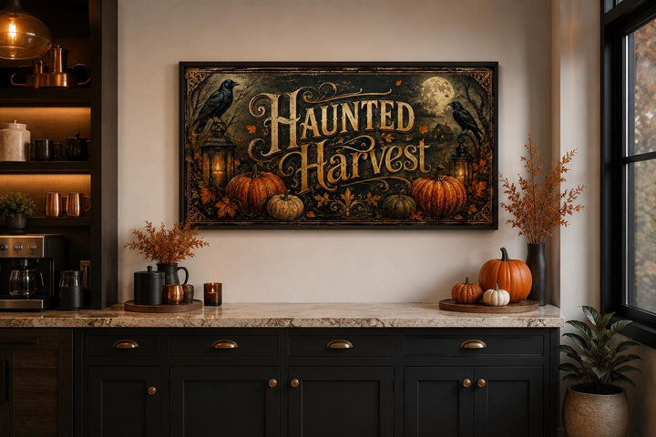 Haunted Harvest Halloween canvas wall art above a kitchen counter with pumpkins and autumn decor.